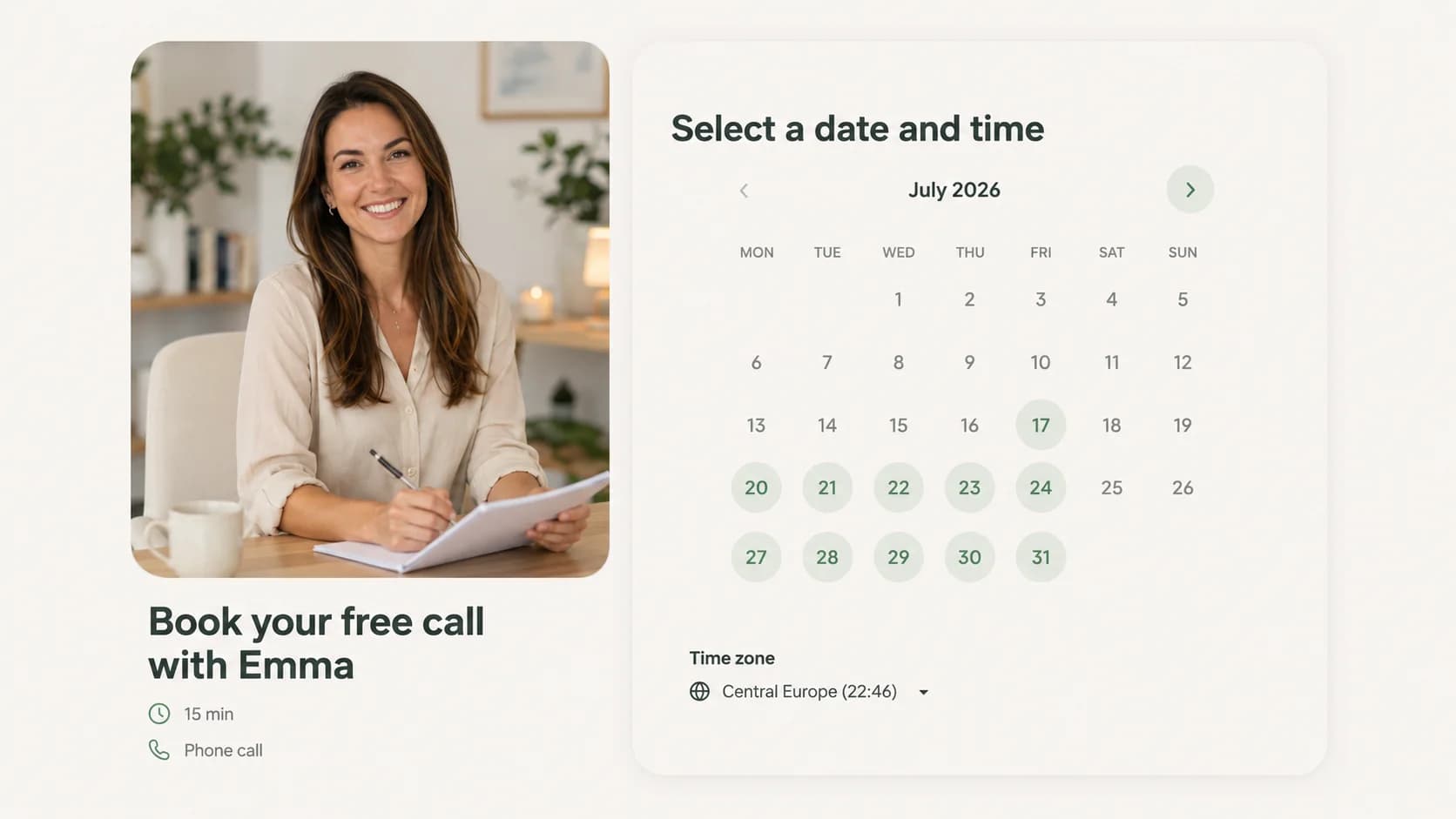 Página de reservas para clientes con perfil del coach, fechas disponibles y selección de zona horaria