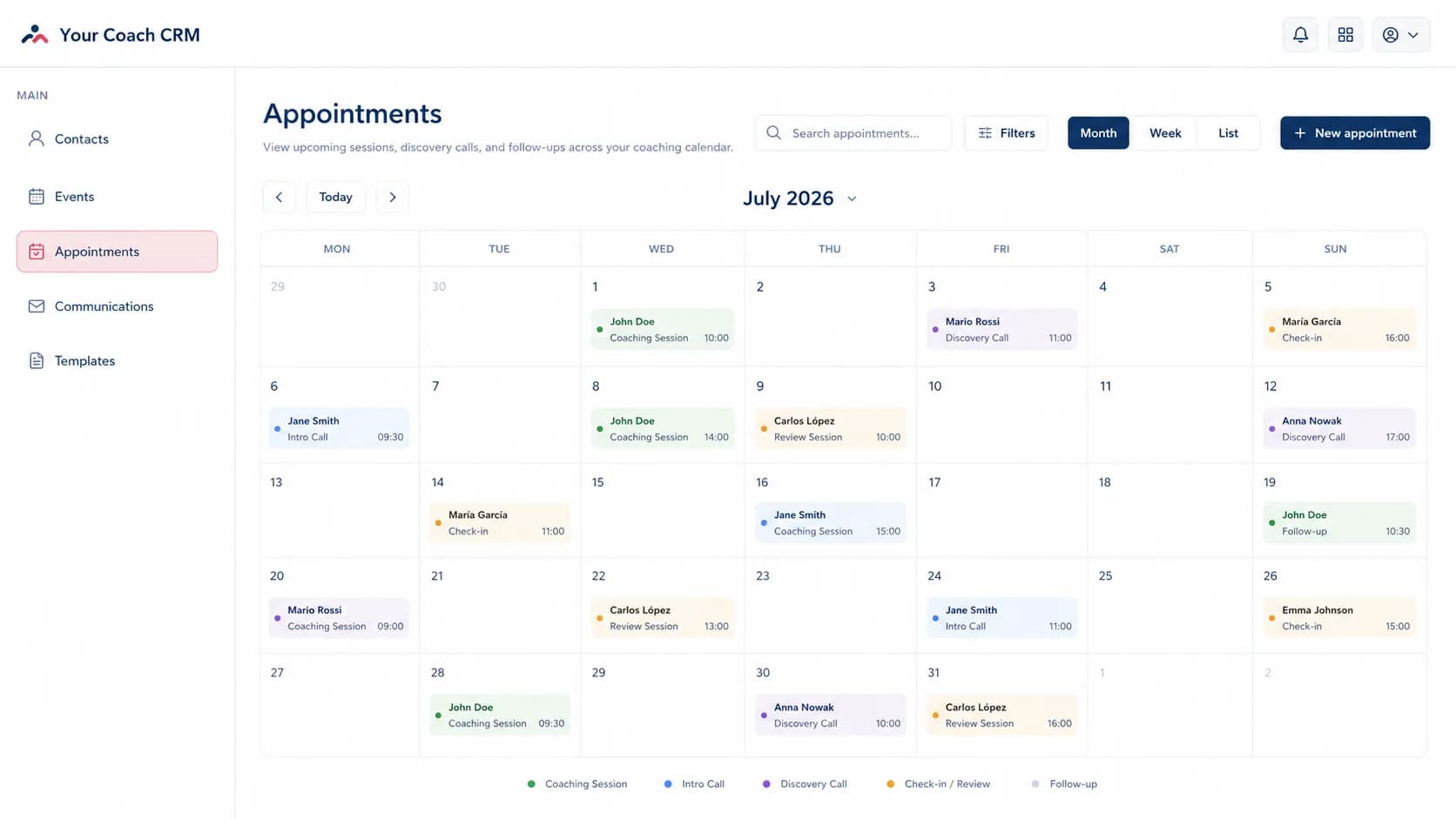 Calendario del CRM para coaches con sesiones, llamadas de descubrimiento y seguimientos