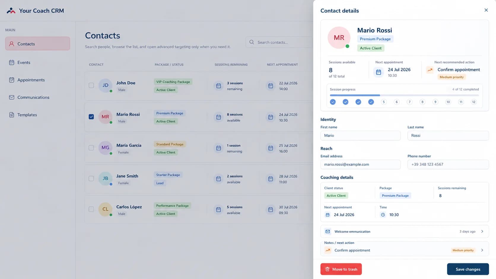 Ficha de cliente del CRM para coaches con avance del bono, próxima cita, comunicaciones y acción recomendada