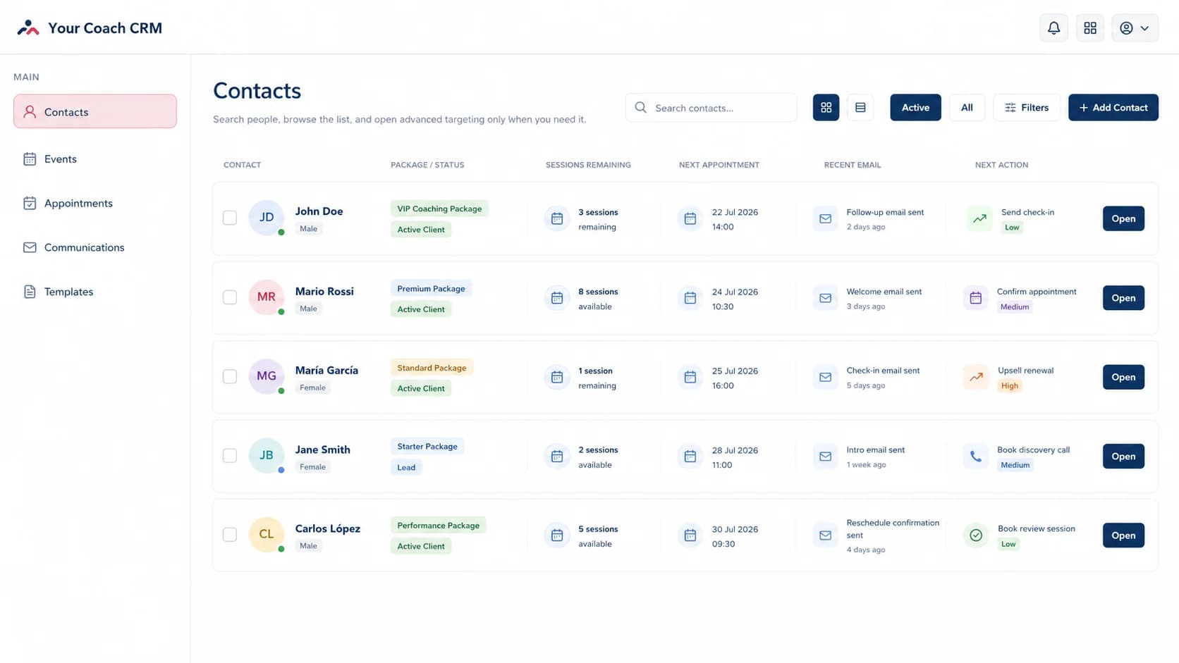 Lista de contactos del CRM para coaches con bonos, sesiones restantes, citas y próximas acciones